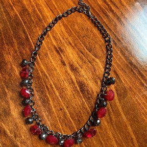 JEWELRY - 9in necklace, red crystal & pewter color beads, lobster clasp